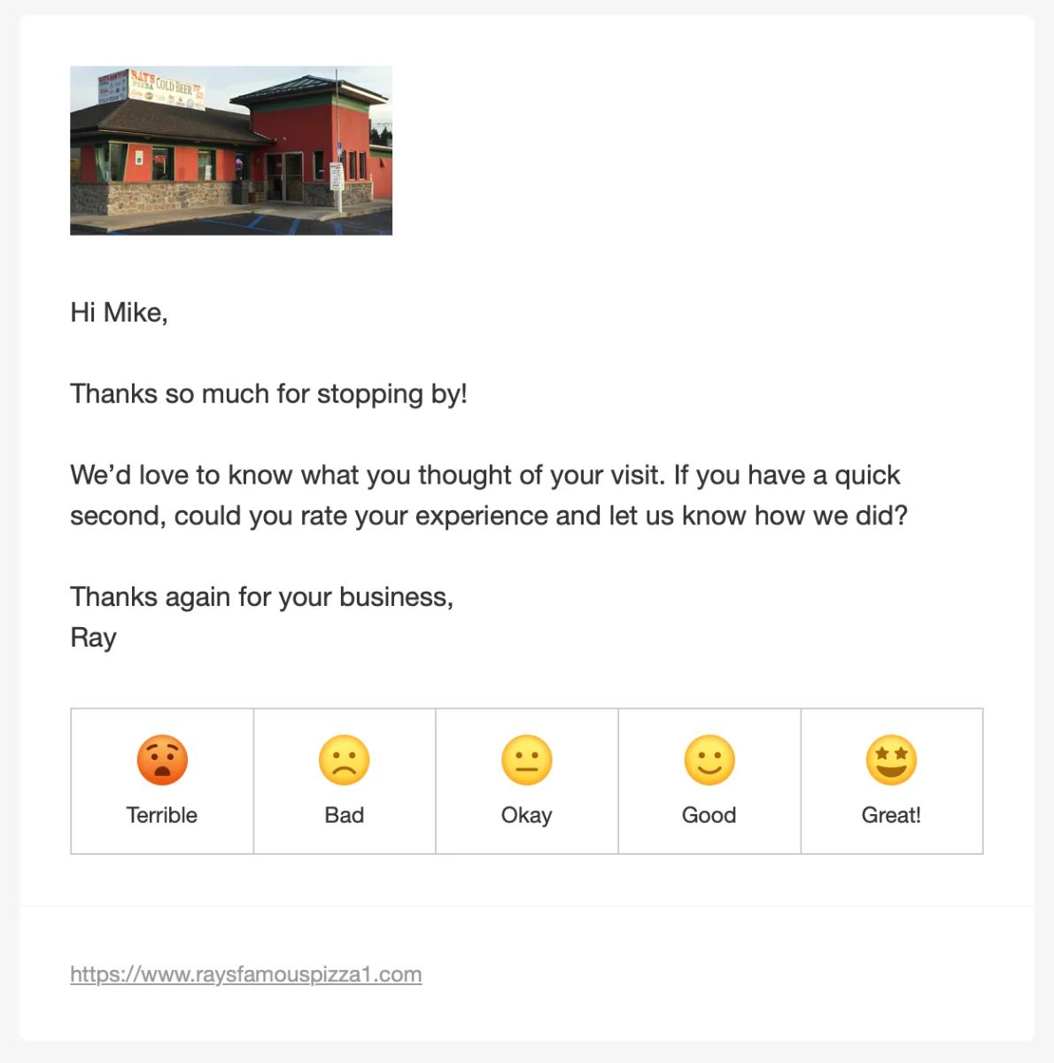 A friendly review-request email from the business asking the customer to rate their visit, with the five emoji ratings