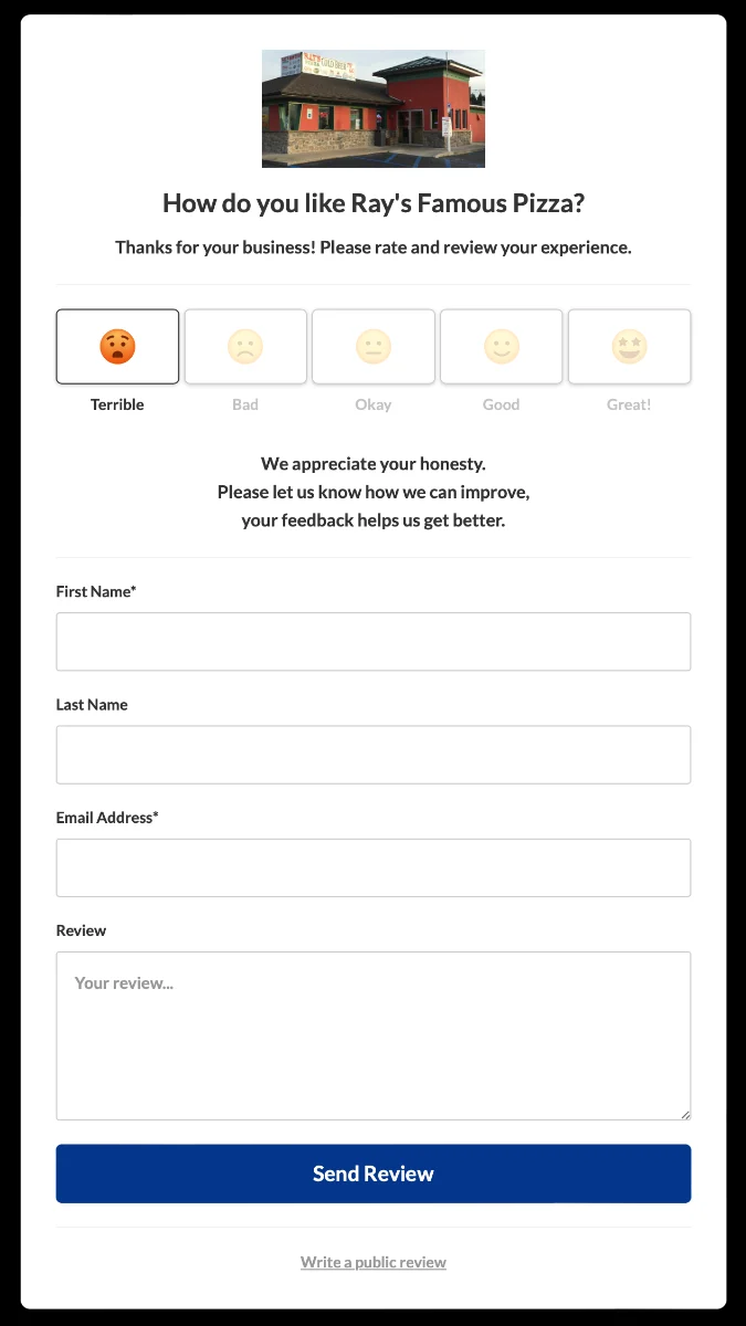 A lower rating opens a private feedback form sent directly to the business, with a link to write a public review at the bottom