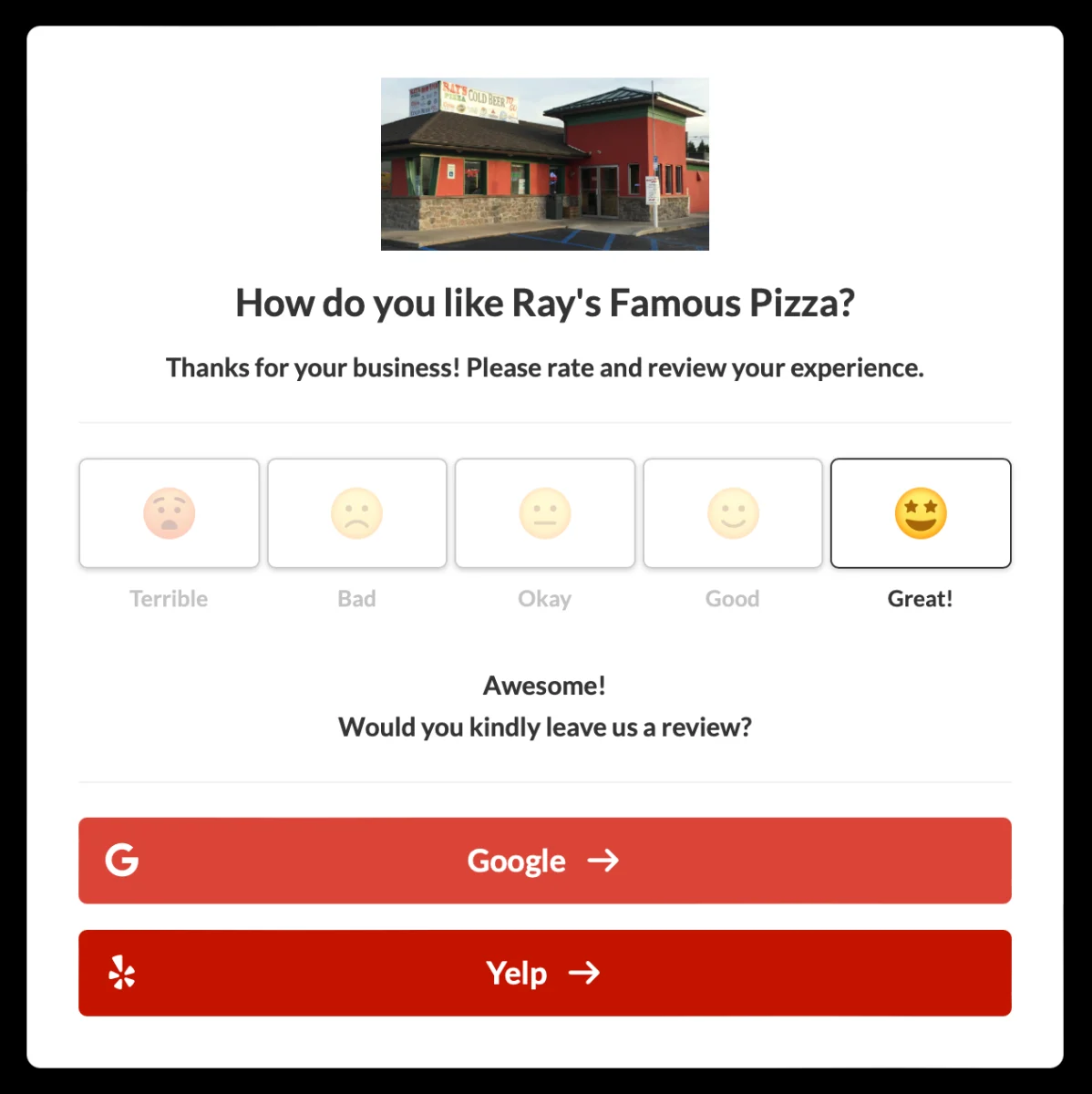 After choosing Good or Great, the customer is offered Google and Yelp buttons to post a public review