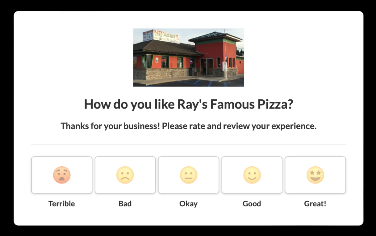 Branded review page asking how the customer liked the business, with five emoji ratings from Terrible to Great
