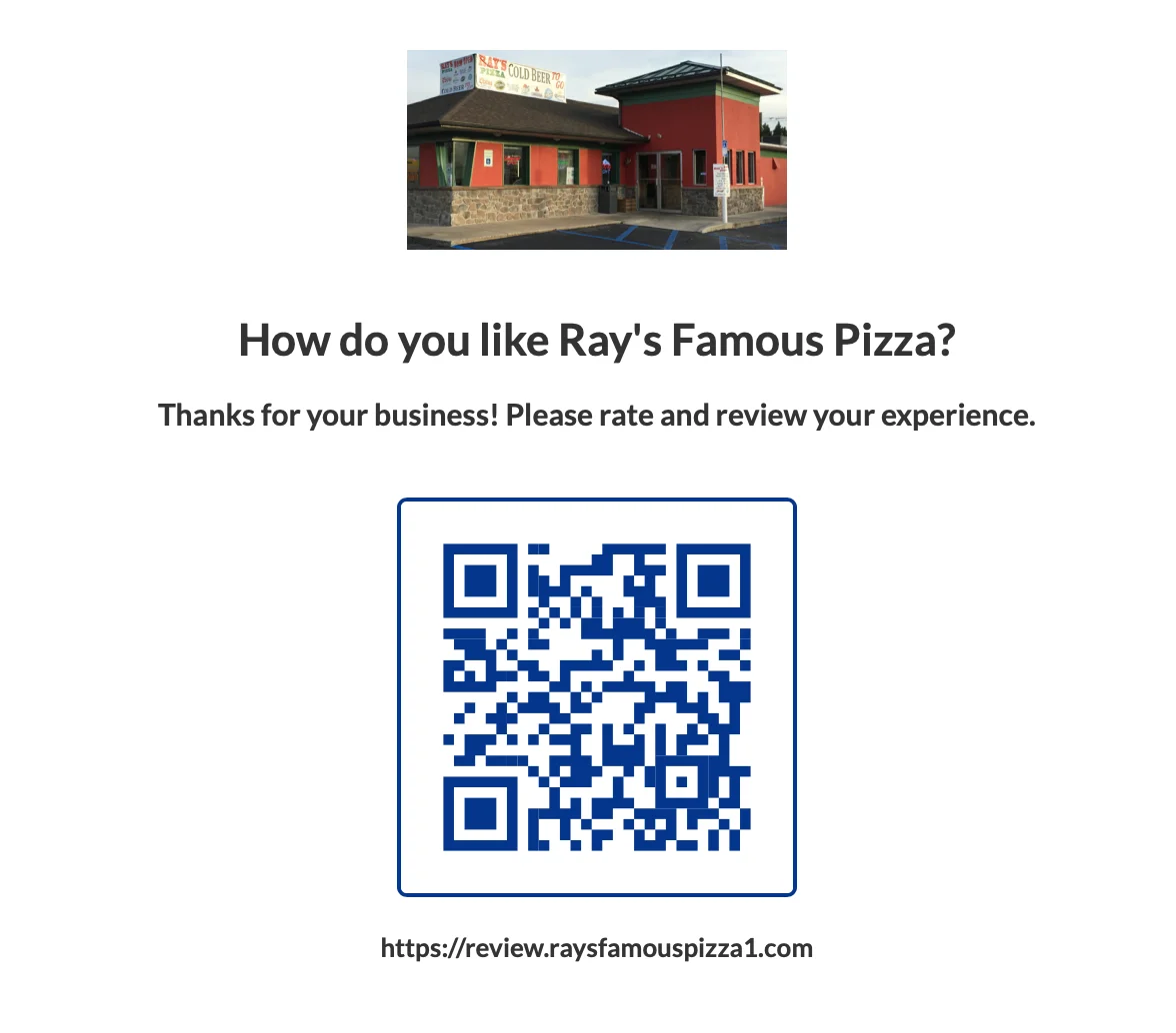 A branded kiosk page with a QR code customers can scan to leave a review on the spot