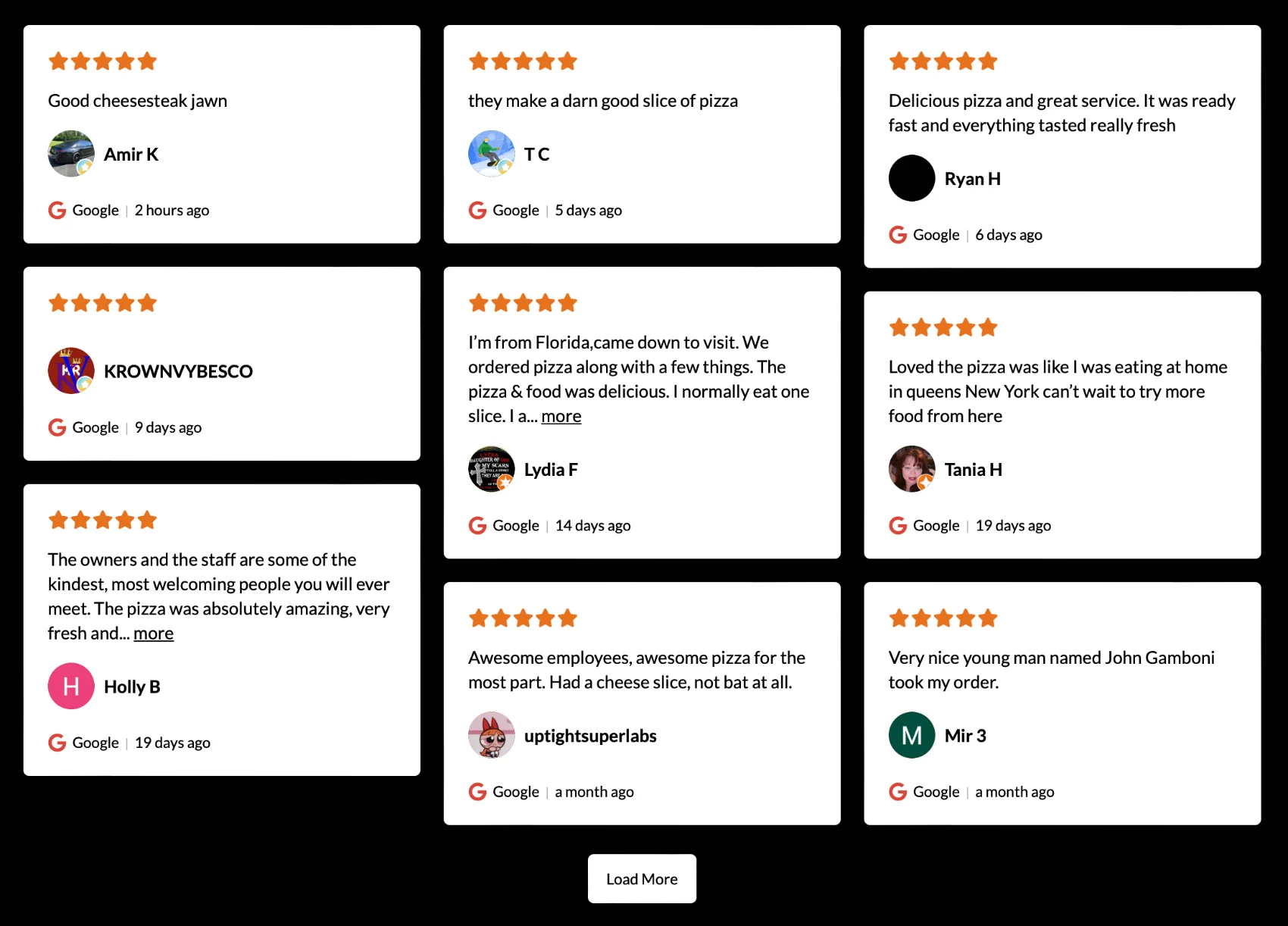 A review wall widget showing a grid of recent five-star Google reviews with reviewer names